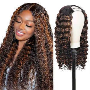 Lucasar FB30 Deep Wave U Part Human Hair Wigs for Black Women 180% Density Glueless U Shape Half Wig 180% Density Wig No Leave Out Lace Glueless Deep Curly Upgrade U Part Wigs (22 inch FB30)