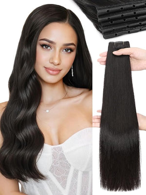 WIGNEE Natural Black Double Invisible PU OVO Human Hair Extensions 100% Remy Human Hair Bundles 18 Inch Genius Glueless Weft Hair Extensions Human Hair
