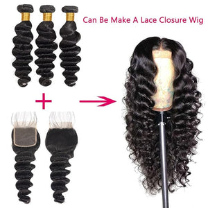 Loose Deep Wave Brazilian Virgin Hair Bundles With Closure - Wet and Wavy Human Hair With 44 Free Part Closure - Loose Deep Curly Bundles 20 22 24+18 Inch
