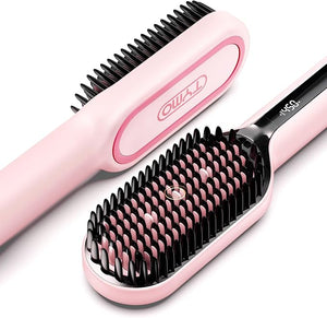 TYMO Hair Straightener Brush - Upgraded Ionic Plus Straightening Brush with Dense Bristles 16 Temps Dual Voltage | Ceramic Hot Comb for Women | Flat Iron for Thick Curly Hair Pink