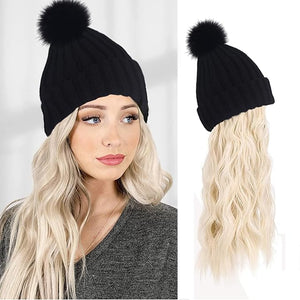 Women Winter Beanie Hat with Wig Big Wavy Curly Hair Extensions Knit ski Snow Cap Attached Party Daily Weddings Wig