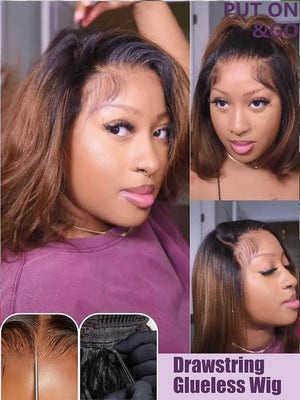 YIROO Chestnut Brown Ombre Yaki Straight Bob Wig Human Hair, 13x4 Lace Front Glueless Wig with Drawstring, Pre Everything Pre Cut Pre Plucked Pre Bleached Knots Natural Hairline Short Bob Wig 12Inch