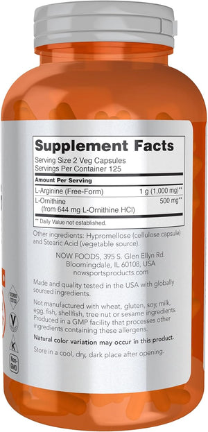 NOW Foods Sports Nutrition Arginine &amp Ornithine 500/250 mg Amino Acids 250 Veg Capsules