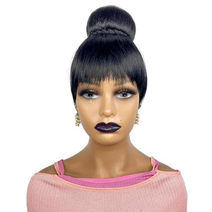 Hair Bun and Bang Set 2PCS Small Size Black Synthetic Braided Bun N Bang Clip in China Bang Hair Piece Hair Bun with Bangs for Black Women(J072S-1B#)
