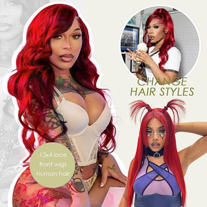 26 Inch Red Lace Front Wigs Human Hair Pre Plucked 200 Density Red Body Wave Human Hair Wig Color 13x4 HD Lace Frontal Wigs