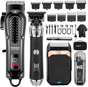 HIENA PRO Professional Cordless Hair Clippers for Men T-Blade Beard Trimmer &amp Foil Shaver &amp Nose Hair Trimmer Set Rechargeable Electric Barber Hair Cutting Grooming Kit