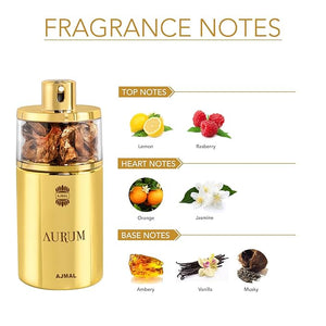 Ajmal Aurum Eau de Parfum 2.5 oz (75 ml) for Women | Fresh Fruity &amp Floral Oriental Perfume with Amber Musk &amp Vanilla | Long-Lasting Luxury Scent from Dubai