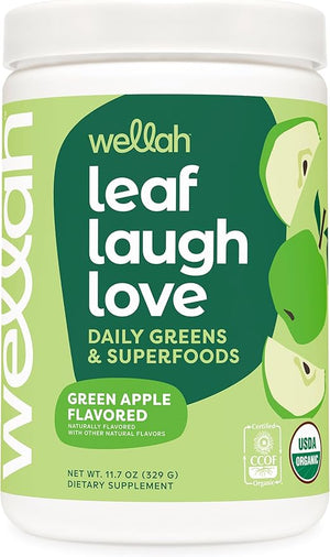 Wellah Leaf Laugh Love Super Greens Powder (Green Apple) 30 Servings - Superfood Supplement Drink Mix