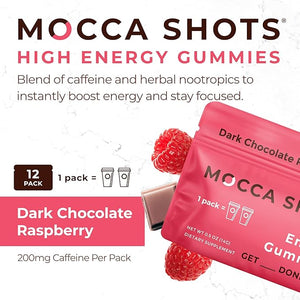 SGC Highest Concentration 100mg Caffeine per Gummy, 2 Gummies per Pack, 12-Pack Mocca Shots Raspberry Chocolate Plant-Based nootropic Instant Energy with Ginkgo biloba, Theobromine.
