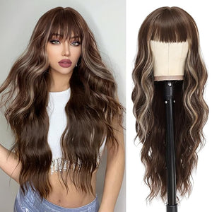 NAYOO Brown Wigs with Bangs for Women Long Curly Wavy Hair Wigs Heat Resistant Synthetic Fiber Wigs for Daily Party Use 26 Inches (Brown Mixed Blonde)