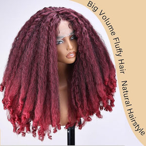 SOKU Crimp to Curl T Part Lace Front Wig Synthetic 20 Inch Red Burgundy Afro Kinky Straight with Curly End Wigs Pre-plucked Transparent Lace with Baby Hair Yaki Straight Wigs for Women
