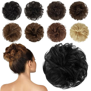 FESHFEN Human Messy Buns - 100% Human Hair Bun Real Scrunchies Hair Pieces Ponytail Extensions Wavy Tousled Updo Chignon Hairpieces for Women Black