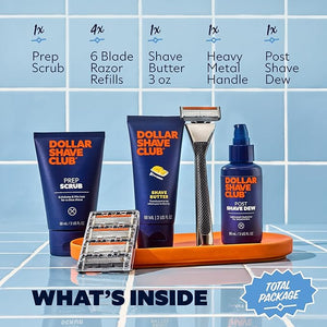 Dollar Shave Club | Total Package Gift Set | 4 Extra Close Refill Cartridges 1 Heavy Metal Handle 1 Prep Scrub 3 ounce 1 Shave Butter 3 ounce 1 Post Shave Dew 3.4 ounce Razors for Men