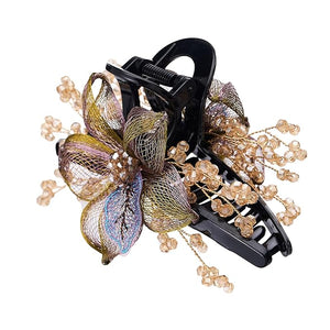 SINIDE Copper Wire Hair Claw Clips, Hand-woven Rhinestones Flower Clip Barrette Crystal Claw Jaw Clamp Plastic Wedding Head Piece Styling Accessories for Women Ladies Thick Curly Hair (Champagne)