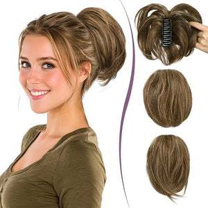 RUWISS Claw Clip Short Human Hair Ponytail Extension with Bendable Metals for DIY Styles Straight Messy Bun Hair Piece for Women Hairpieces for Daily Wear9 Inch Chocolate Brown Highlighted Dark Brown