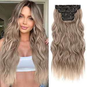 REECHO Hair Extensions 4PCS Clip in Hair Extensions HE001 Natural Soft Synthetic Hairpieces for Women (20 Inch-200 Gram (Pack of 4) Ash Brown with Blonde Ends)
