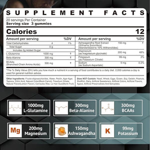 L-Glutamine 1000mg Gummies for Women &amp Men| with Beta-Alanine BCAAs Magnesium Glycinate Potassium &amp Ashwagandha | Vegan | Sugar-Free &amp Extra-Chewy | 60 Counts
