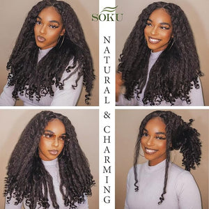 SOKU Afro Curly Lace Front Wig Synthetic Kinky Straight with Curly Ends T Part HD Transparent Swiss Lace Fluffy Bouncy Hair Wigs 20 Inch Dark Brown Heat Friendly Afro Wigs for Black Women