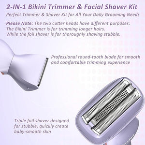 Electric Razors for Women Face Full Body 2-in-1 Bikini Trimmer and Shavers for Womens Legs Arms Underarm Pubic Hair Comfort Smooth Lady Body Trimmers IPX7 Waterproof Wet and Dry USB-C Rechargeable