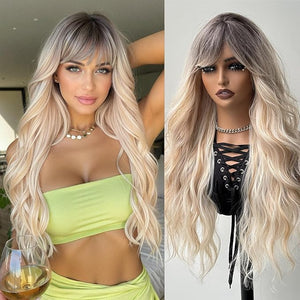 topshe Blonde Curly Wig with Bangs 24 InchHeat Resistant Synthetic Hair for Women Natural Looking Pre Styled for Daily/Party/Cosplay