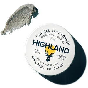 Highland Glacial Hair Clay Pomade - Award winning hair styling clay for men and women made with 100% all natural and organic ingredients that promote hair and scalp health. Low shine Medium Hold.