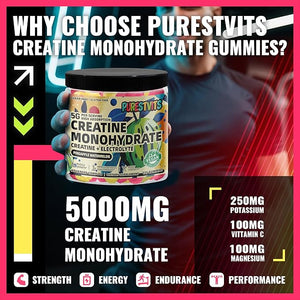 Creatine Monohydrate Gummies (5g) ? Pre-Workout Energy &amp; Muscle Growth Support for Men &amp; Women | Pineapple Watermelon Electrolyte Gummies (135 Count)