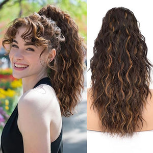 ORSUNCER Claw Clip Ponytail Extension Wavy Pony Tails Hair Extensions Layered Fluffy Clip on ponytails for Women Synthetic Hairpieces Omber Brown with Blonde Highlights