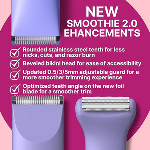 HAPPY CURVES Smoothie 2.0 Bikini Trimmer - Electric Razor for Women, Waterproof Hair Groomer with Adjustable Guards, Personal Shaver for Pubic Hair, Ladies Intimate Shaver and Body Trimmer (Mint)