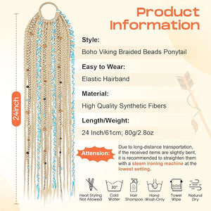 SEIKEA Boho Braided Ponytail Extension with Hair Tie 24 Long Viking Dreadlock Beads Ponytail Hand-braided Braids Hair Extensions Lightweight Natural Synthetic Hairpiece for Festival Cosplay Blonde