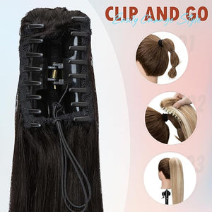 Hairro Clip On Ponytail Hair Extensions Jaw On Claw Clip Ponytails Real Hair Long Jaw/Claw Pony Tail With Clips Hairpieces For Women 20 Inch 120g #1B Natural Black
