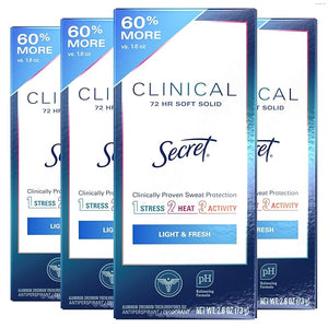 Secret Clinical Strength Antiperspirant Deodorant for Women, 3X Stress Protection, 72hr Sweat &amp; Odor Protection, PH Balancing Minerals, Soft Solid, Light &amp; Fresh Scent, 2.6 oz (Pack of 2)