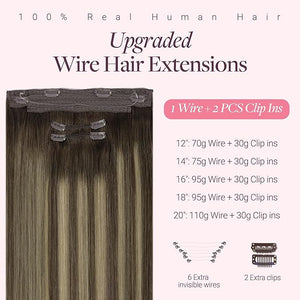 GOO GOO Wire Hair Extensions Human Hair 4/26/4 Chocolate Brown with Honey Blonde Balayage 16inch 125g Invisible Wire Hair Extensions with Transparent Seamless Fish Line Hairpiece
