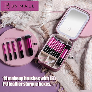 BS-MALL Makeup Brushes Set 14 Pcs with LED Light Mirror ? Premium Cosmetic Tools for Flawless Beauty Routines (Purple)