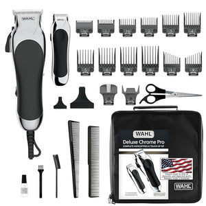 Wahl Clipper USA Deluxe Corded Chrome Pro Complete Hair and Trimming Kit Includes Corded Clipper Cordless Battery Trimmer and Styling Shears for a Cut Every Time - Model 79524-5201M