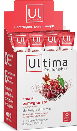 Ultima Replenisher Electrolyte Hydration Drink Mix Cherry Pomegranate 20 Serving Stickpack Box no Sugar no Carbs no Calories Keto Gluten-Free Non-GMO Vegan