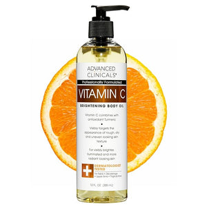 Advanced Clinicals Vitamin C Brightening Body Oil For Women &amp Men | Vitamin C Glow Oil Skin Care Body Moisturizer With Vitamin E + Botanicals To Help Improve Look Of Dark Spots + Dry Skin 12 Fl O