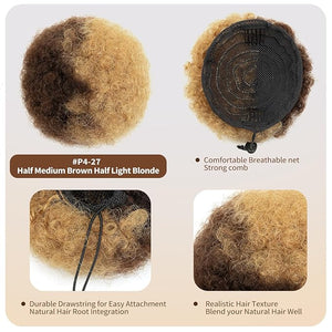 Kids Afro Puff Real Human Hair Ponytail for Black Women Short Kinky Curly Ponytail Extension Drawstring Ponytail 4c African American Fake High Bun Half Medium Brown Half Light Blonde 6 Inch 40g
