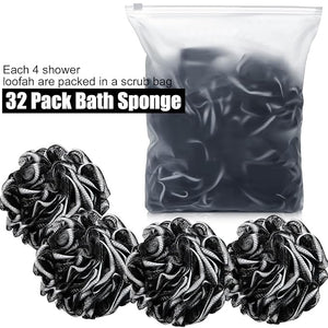 Shellwei 32 Pcs Bath Sponge Shower Loofahs Bulk 60 g Charcoal Body Shower Sponge Large Mesh Puff Soft Scrubber for Men and Women Exfoliating Pouf Balls with Bathing Accessories(Black White)