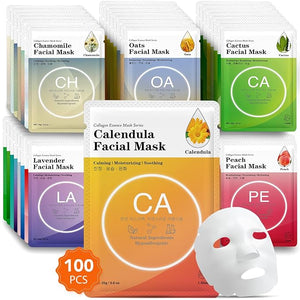 VESPRO 100 Pack Collagen Essence Sheet Facial Masks Bulk Face Masks Skincare Hydrating Face Masks for All Skin Types Moisturizing and Soothing Skin Care Spa Face Mask