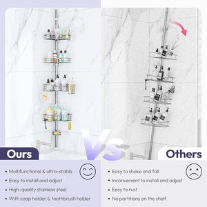 SWTYMIKI Shower Caddy Tension Pole - 4-Tier Corner Shower Organizer Tension Rod with Soap Holder, Toothbrush Holder &amp; 4 Hooks, Adjustable Stainless Steel Bathroom Organizer 27.6 to 108.3 inch, Sil