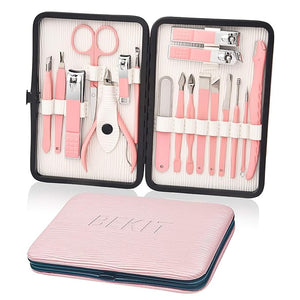 Manicure Set 18 in 1 Stainless Steel Professional Pedicure Kit Nail Scissors Grooming Kit Travel Case B01-Pink