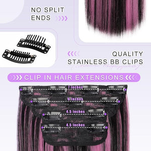 Vigorous Clip in Hair Extensions Straight 4Pcs Black Mix Purple Highlights Hair Extension 22 Inch Soft Full Head Weddings Party Daily Use for Women
