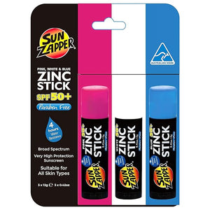 Sun Zapper Zinc Oxide Sunscreen Stick ? SPF 50+ Waterproof ? 3-Pack (Pink White Blue) ? For Face &amp Body ? Adults Kids Baby ? Travel Size ? Made in Australia