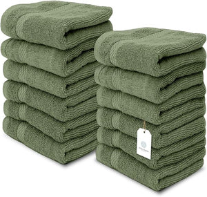 White Classic Luxury Cotton Washcloths 13x13 Inch - 650 GSM Turkish Cotton | Hotel Spa Bathroom Face Towel | 12 Pack Forest Green