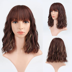 FAELBATY Short Brown Wig Highlight Gold Wigs With Bangs Women's Reddish Brown Mixed Blonde Bob Wig Curly Wavy Synthetic Cosplay Wig Shoulder Length Wig for Girl's Costume Wigs (12" 33/27)