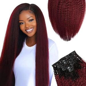 SIYUSI Kinky Straight Clip In Extensions 100% Brazilian Remy Human Hair Clip Ins Scalp-Friendly Invisible Clips Burgundy Ombre 3.52oz 7Pcs (18 Inch)