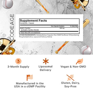 Codeage Liposomal Acetyl-L-Carnitine+ Supplement - 500 mg Acetyl-L-Carnitine per Serving - 3-Month Supply Liposomal Delivery - Alcar Supplement - L-Carnitine - Non-GMO Gluten-Free 90 Capsules