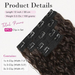 REECHO Clip in Hair Extensions 4PCS Hair Extensions 12 Short Curly Wavy Blonde hair extensions Invisible Lace Weft Natural Soft Hairpieces for Women ? Dark Brown