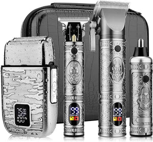 Professional Hair Clippers for MenHair Clippers+T-Blade Trimmer+Electric Shaver+Nose Hair Trimmer Set4 in 1 Cordless Barber Hair Cutting Kit LCD Display Gifts (Gray)