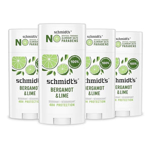 Schmidt's Aluminum-Free Vegan Deodorant Bergamot &amp Lime 4 Count for Women and Men with 24 Hour Odor Protection Natural Ingredients Cruelty-Free 2.65 oz